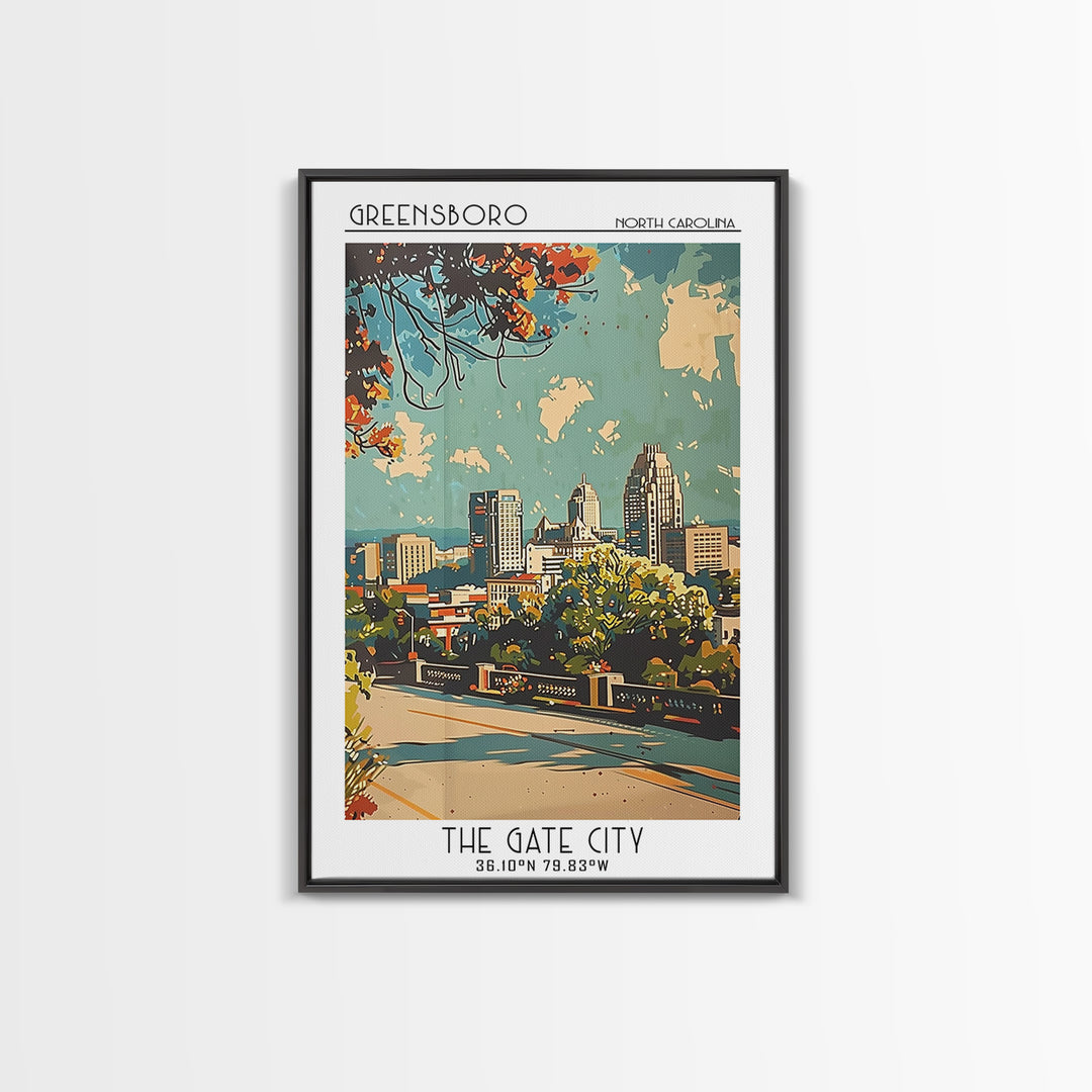 Greensboro Travel Poster, Framed Canvas Print, Retro Wall Art, Travel Print, Living Room Wall Art, Minimalist Poster, Fine Art Print