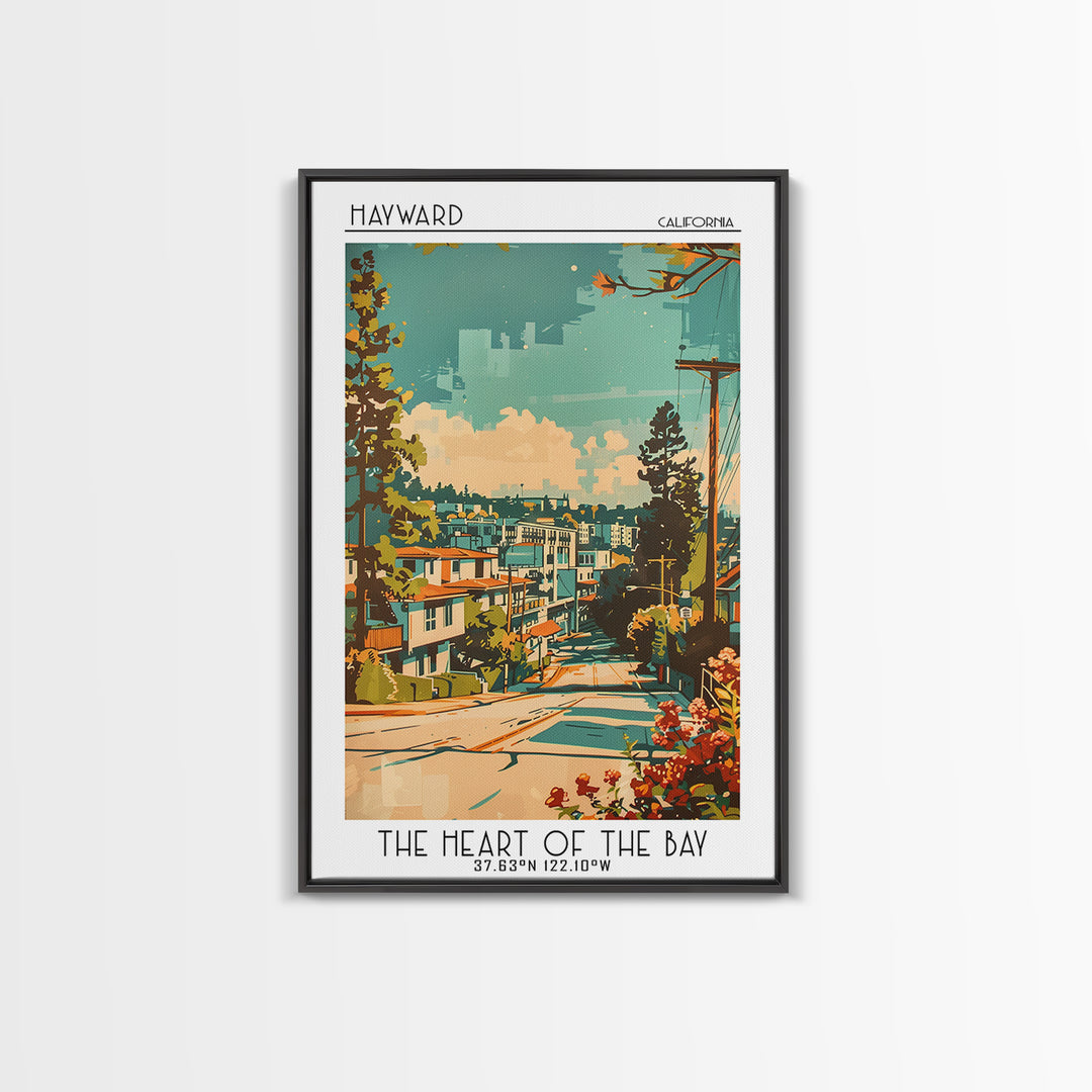Hayward Travel Poster, Framed Canvas Print, Retro Travel Poster, City Wall Art, Landscape Art, Vintage Travel Art, City Illustration
