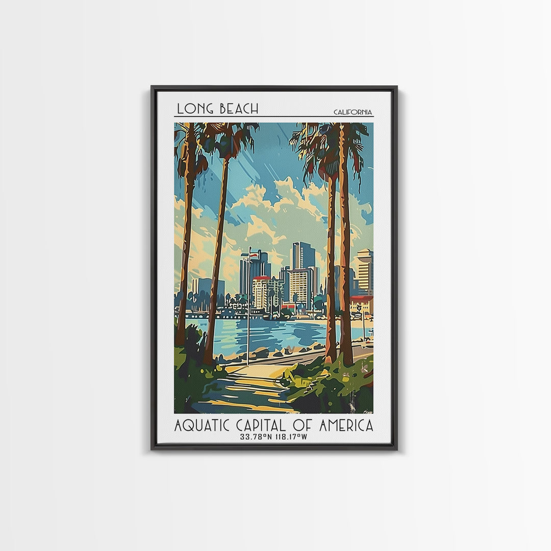 Long Beach Travel Poster, Framed Canvas Print, Travel Wall Art, City Wall Art, Vintage Travel, Living Room Wall Art, Wanderlust Gift