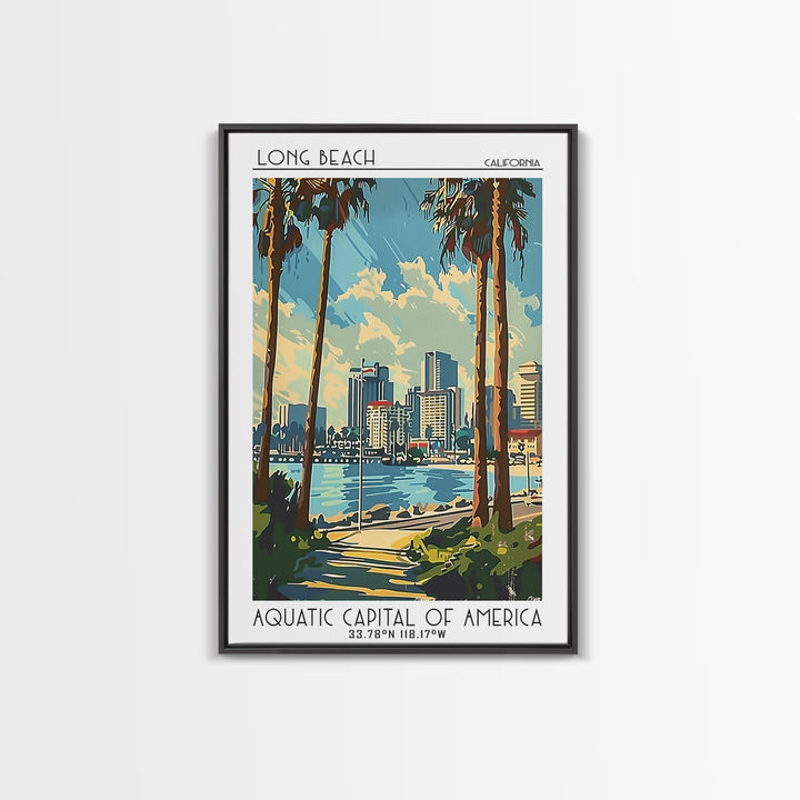 Long Beach Travel Poster, Framed Canvas Print, Travel Wall Art, City Wall Art, Vintage Travel, Living Room Wall Art, Wanderlust Gift