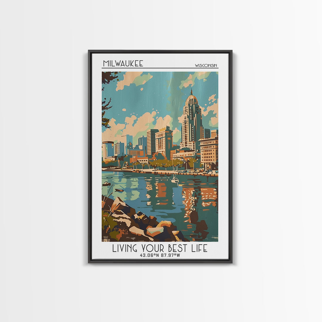 Milwaukee Wisconsin Travel Poster, Framed Canvas Print, Retro Wall Art, Travel Print, Mid Century Wall Art, Poster Art, Poster Print