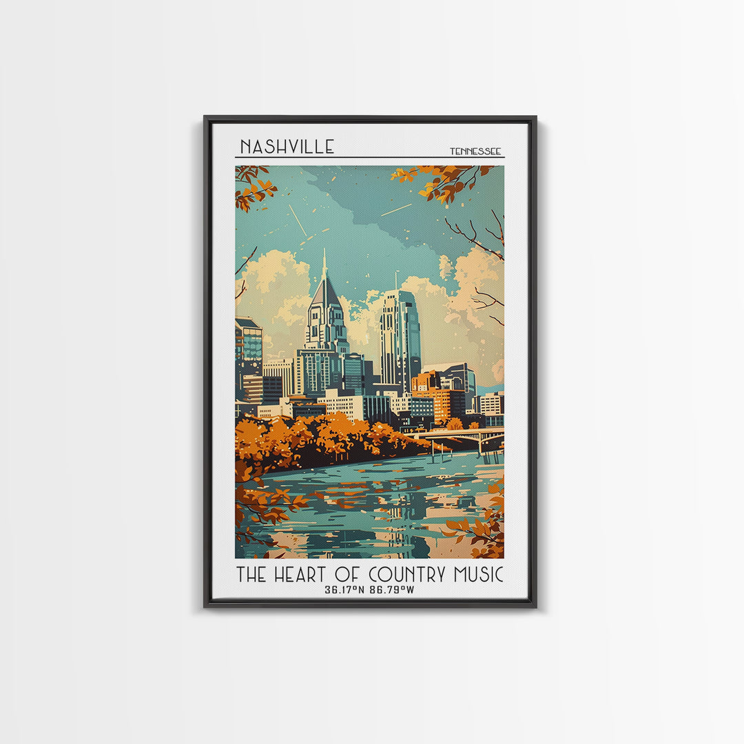 Nashville Travel Poster, Framed Canvas Print, Retro Wall Art, Travel Print, Travel Wall Art, Living Room Wall Art, Colorful Wall Art