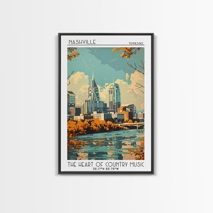 Nashville Travel Poster, Framed Canvas Print, Retro Wall Art, Travel Print, Travel Wall Art, Living Room Wall Art, Colorful Wall Art