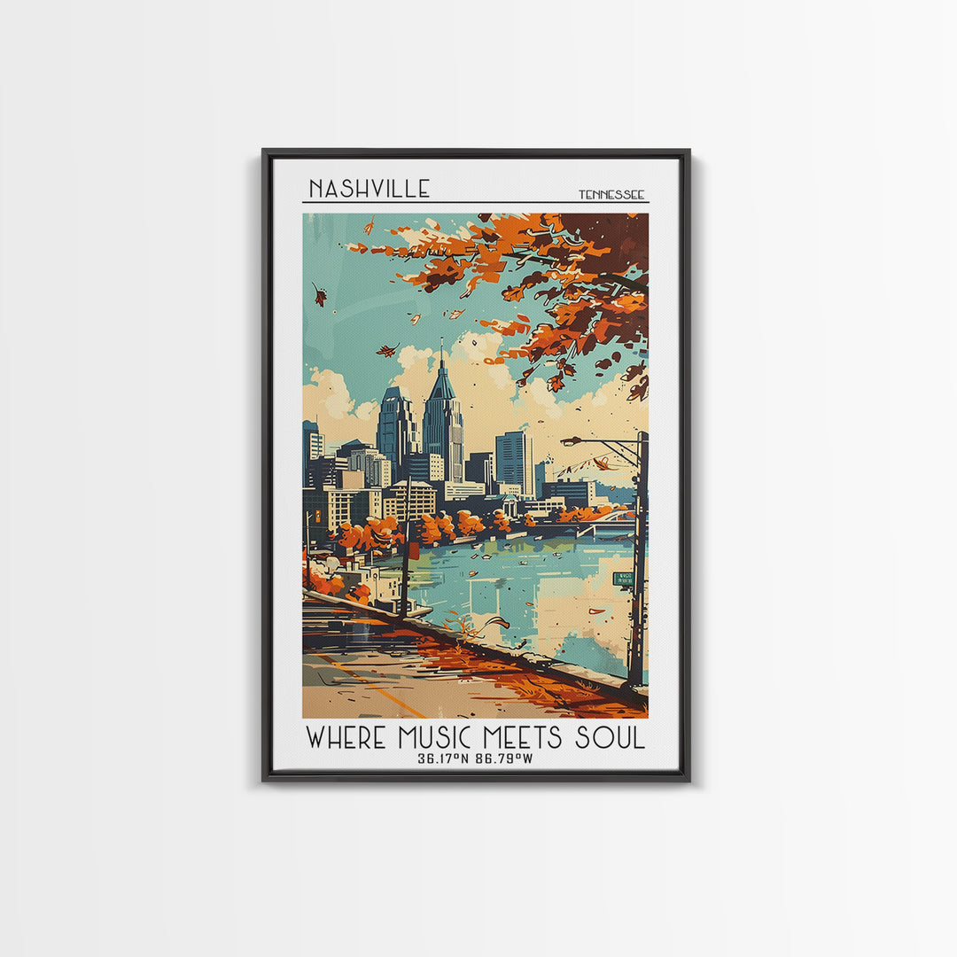 Nashville Tennessee Travel Poster, Framed Canvas Print, Travel Prints, Landscape Art, Poster Print, Mid Century Wall Art, Poster Art