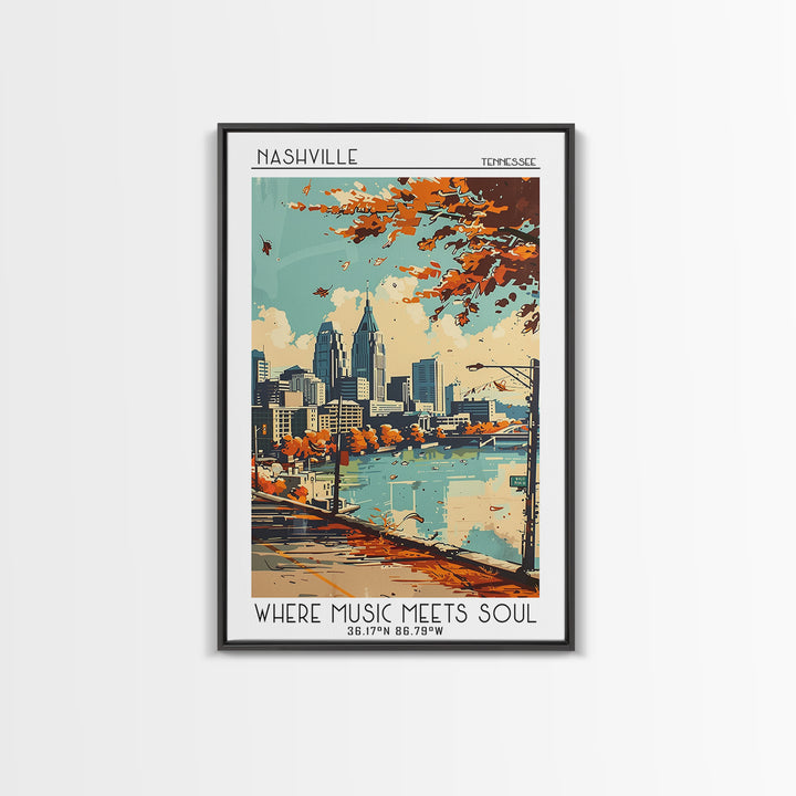 Nashville Tennessee Travel Poster, Framed Canvas Print, Travel Prints, Landscape Art, Poster Print, Mid Century Wall Art, Poster Art