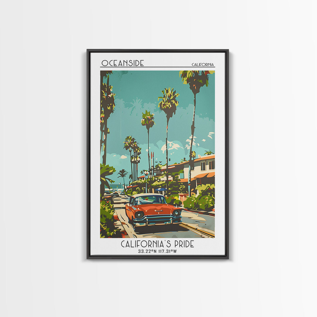Oceanside Travel Poster, Framed Canvas Print, Travel Prints, Landscape Art, Wanderlust Gift, Mid Century Wall Art, Minimalist Poster
