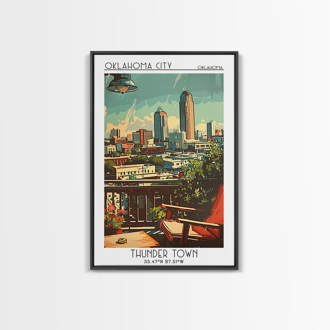 Oklahoma City Oklahoma Travel Poster, Framed Canvas Print, Travel Wall Art, City Wall Art, Watercolor Cityscape, Retro Travel Poster