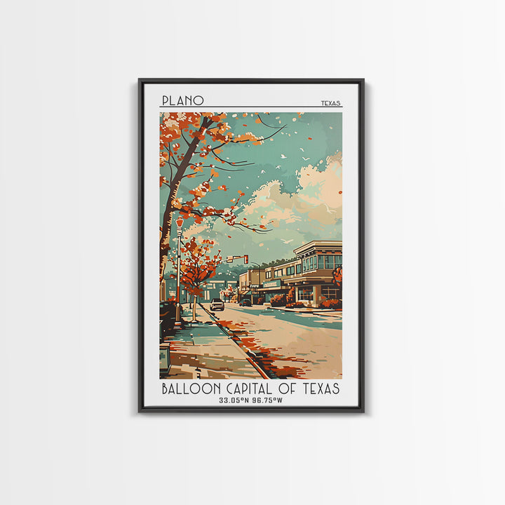Plano Texas Travel Poster, Framed Canvas Print, Travel Prints, Landscape Art, Retro Travel Poster, Vintage Travel, City Illustration