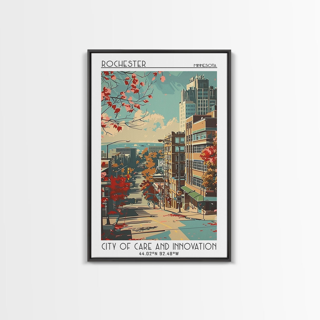 Rochester Minnesota Travel Poster, Framed Canvas Print, Retro Wall Art, Travel Print, Mid Century Wall Art, Fine Art Print, Wall Art