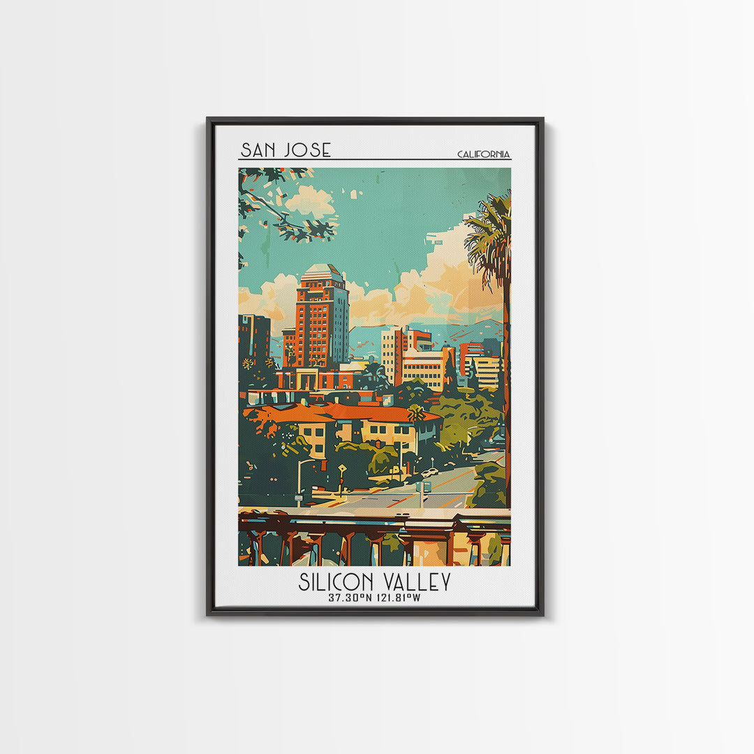 San Jose California Travel Poster, Framed Canvas Print, Travel Prints, Landscape Art, Vintage Travel Print, Wall Art, Retro Wall Art