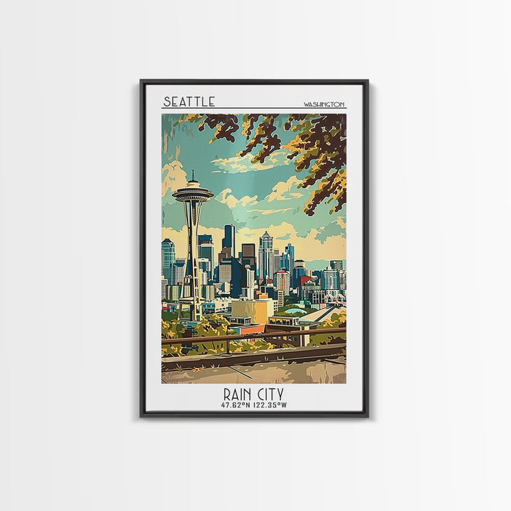 Seattle Washington Travel Poster, Canvas Print, City Travel Poster, Travel Wall Art, Retro Wall Art, Colorful Wall Art, Travel Decor