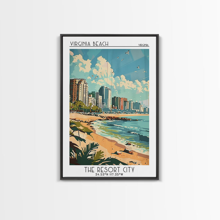 Virginia Beach Travel Poster, Framed Canvas Print, Travel Prints, Landscape Art, Wall Art, Home Decor, Travel Wall Art, Travel Print