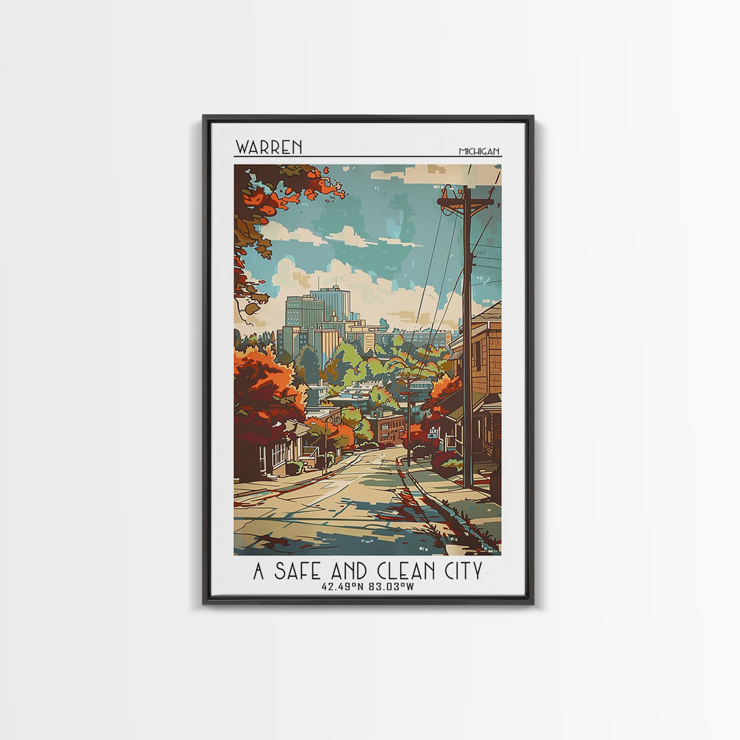 Warren Michigan Travel Poster, Framed Canvas Print, Vintage Travel Print, City Wall Art, Poster Print, Retro Travel Poster, Wall Art