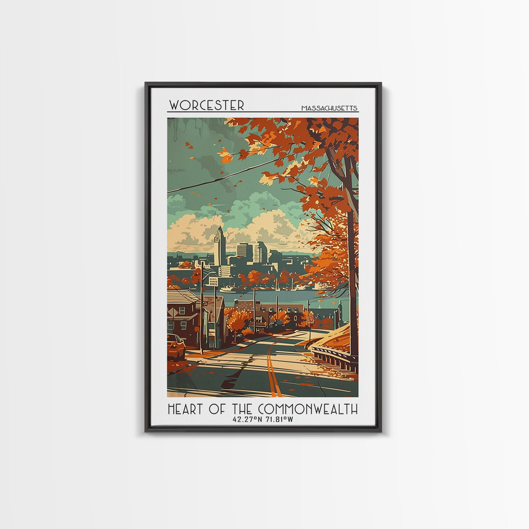 Worcester Massachusetts Travel Poster, Framed Canvas Print, Travel Prints, Landscape Art, Watercolor Cityscape, Mid Century Wall Art