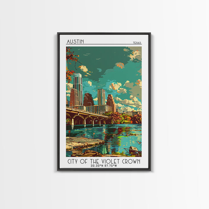 Austin Travel Poster, Framed Canvas Print, Travel Prints, Landscape Art, Travel Art Print, Home Office Decor, Wall Art, Travel Decor