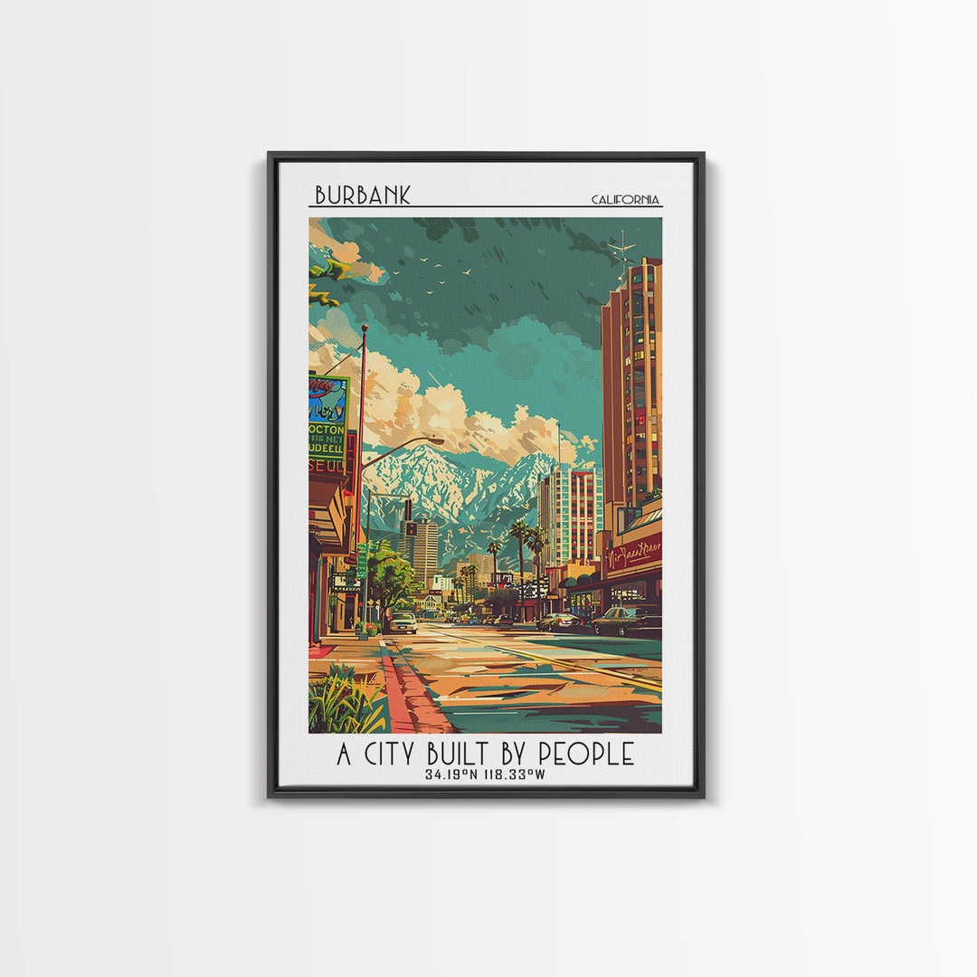 Burbank Travel Poster, Canvas Print, Retro Wall Art, Travel Print, Colorful Wall Art, City Illustration, Poster Print, Travel Prints