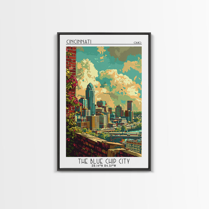 Cincinnati Travel Poster, Canvas Print, Retro Travel Poster, City Wall Art, Mid Century Wall Art, Travel Print, Watercolor Cityscape
