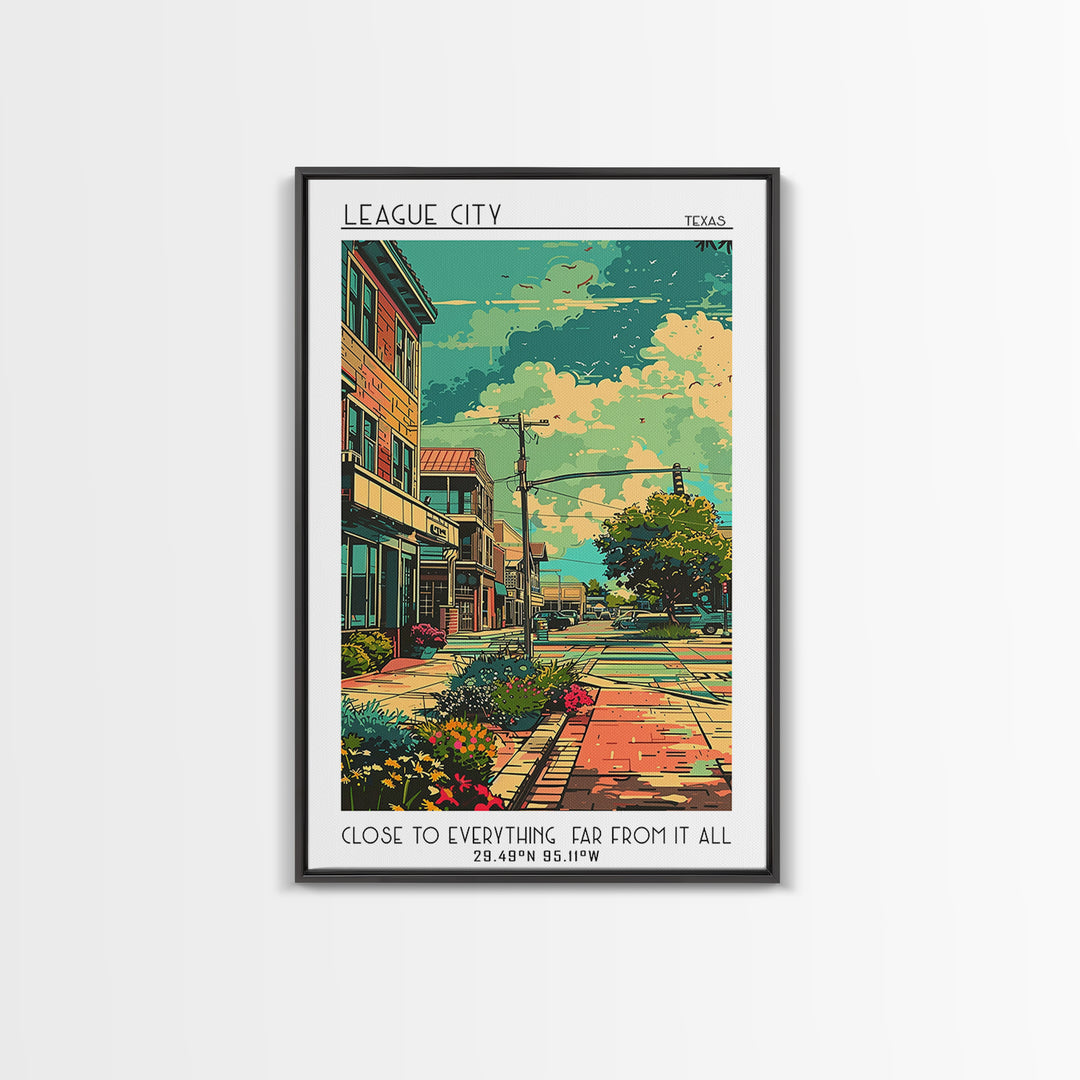 League City Travel Poster, Framed Canvas Print, City Art Print, Travel Wall Art, Landscape Art, Colorful Wall Art, City Illustration