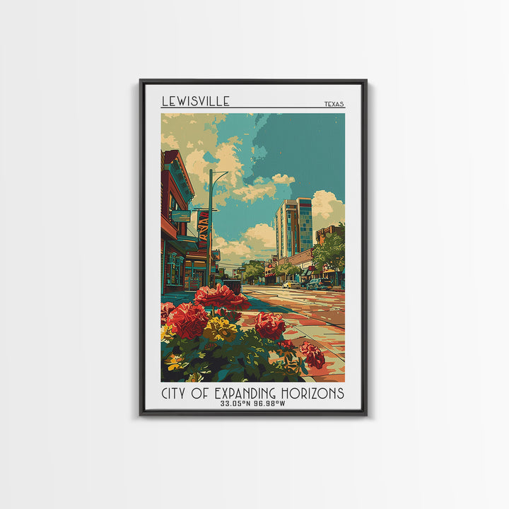 Lewisville Travel Poster, Framed Canvas Print, Travel Prints, Landscape Art, Retro Travel Poster, Poster Print, Watercolor Cityscape