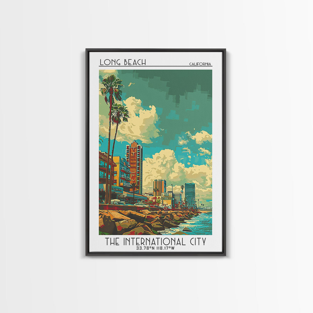 Long Beach Travel Poster, Framed Canvas Print, Travel Wall Art, City Wall Art, City Art Print, Vintage Posters, Mid Century Wall Art