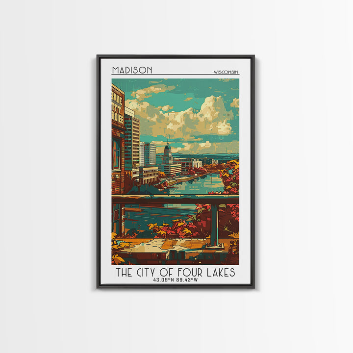 Madison Travel Poster, Framed Canvas Print, Retro Travel Poster, City Wall Art, Home Office Decor, Fine Art Print, Colorful Wall Art