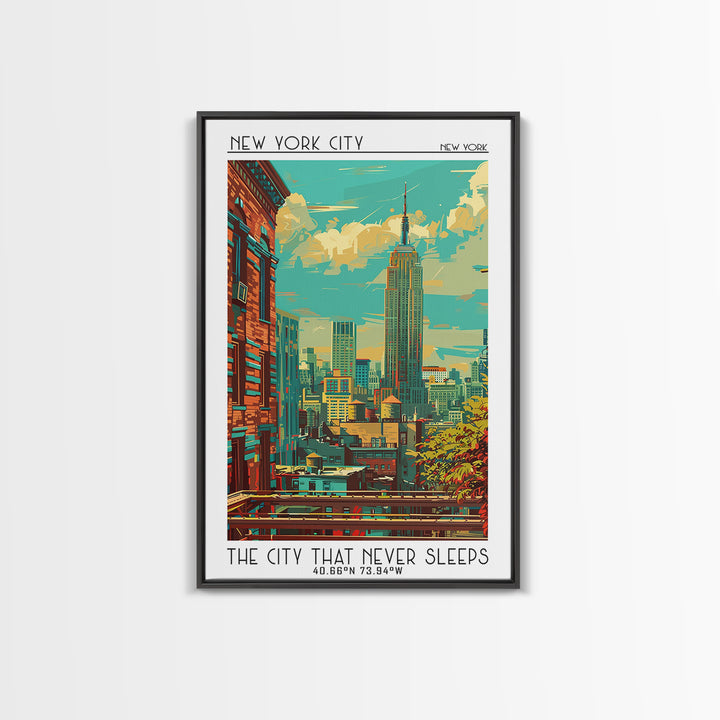 New York Travel Poster, Framed Canvas Print, Travel Wall Art, City Wall Art, Retro Wall Art, Mid Century Wall Art, Colorful Wall Art