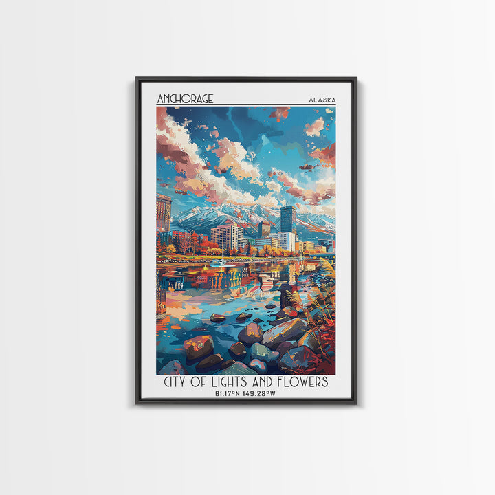 Anchorage Travel Poster, Framed Canvas Print, Retro Travel Poster, City Wall Art, Wanderlust Gift, City Illustration, Vintage Travel