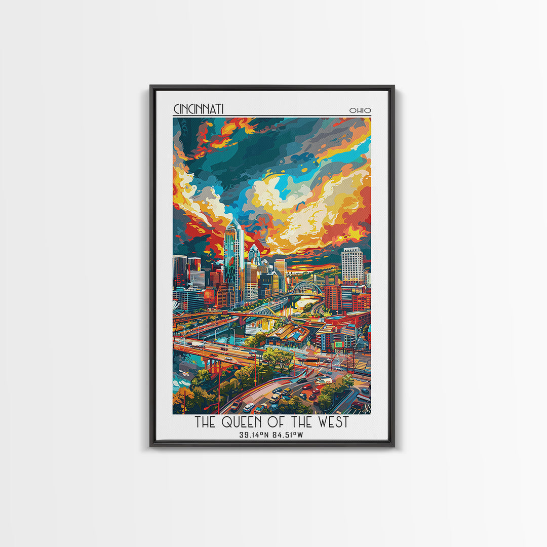 Cincinnati Travel Poster, Canvas Print, Travel Prints, Landscape Art, Vintage Travel, Wanderlust Gift, City Wall Art, Retro Wall Art