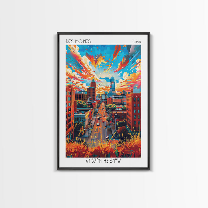 Des Moines Travel Poster, Canvas Print, Travel Wall Art, City Wall Art, City Illustration, Mid Century Wall Art, Retro Travel Poster