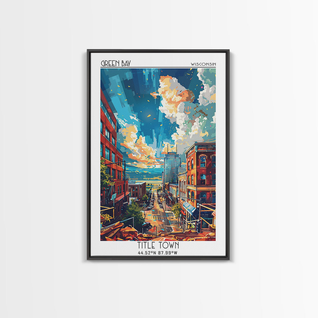 Green Bay Travel Poster, Framed Canvas Print, Retro Wall Art, Travel Print, Vintage Travel Art, Mid Century Wall Art, City Art Print