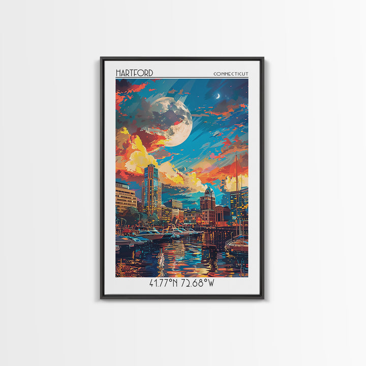 Hartford Travel Poster, Framed Canvas Print, Vintage Travel Print, City Wall Art, City Art Print, Mid Century Wall Art, Poster Print