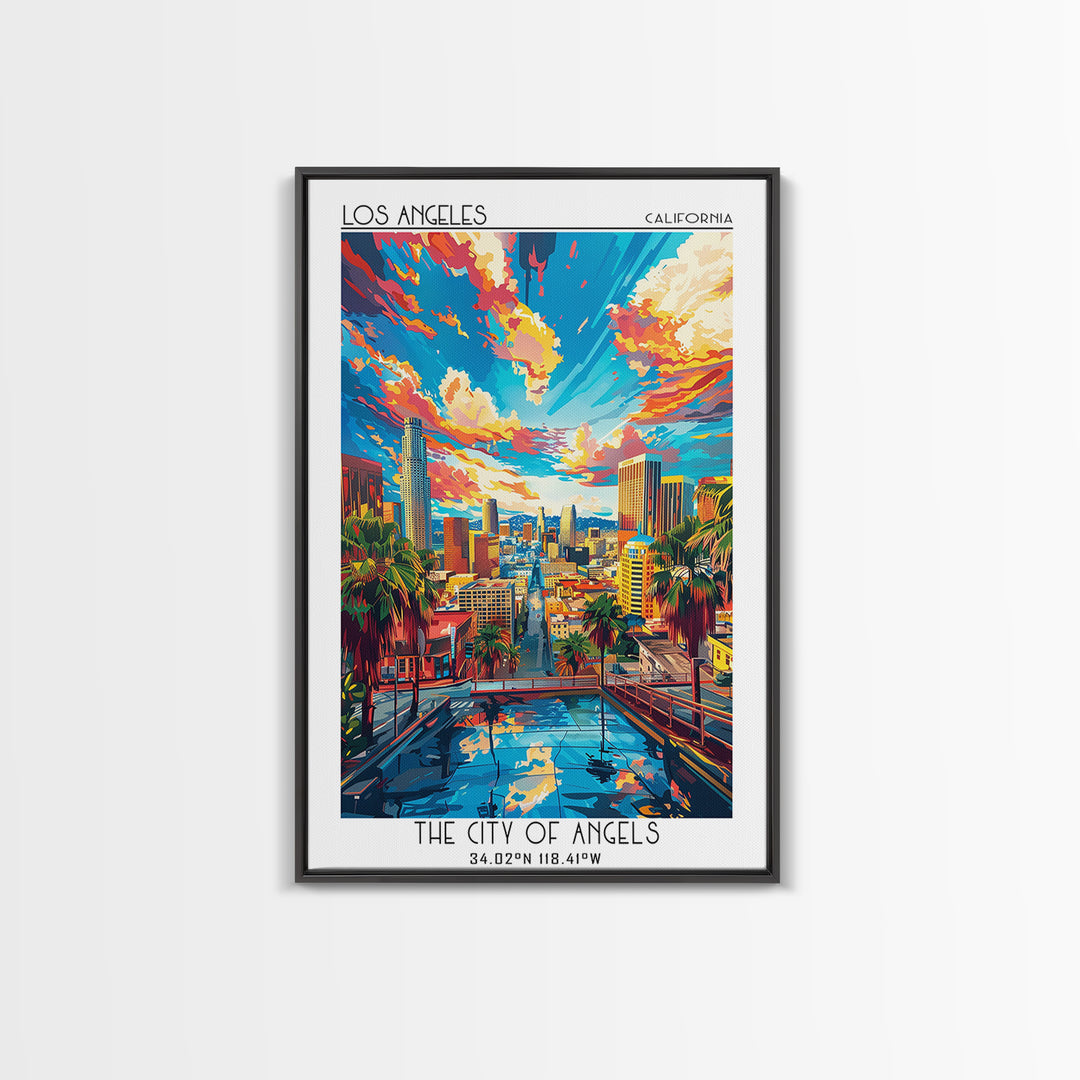 Los Angeles Travel Poster, Framed Canvas Print, Travel Prints, Landscape Art, Travel Wall Decor, Retro Wall Art, Retro Travel Poster
