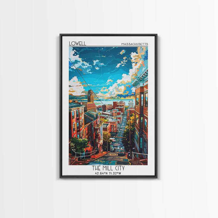 Lowell Travel Poster, Framed Canvas Print, City Travel Poster, Travel Wall Art, Watercolor Cityscape, Home Decor, Retro Travel Print