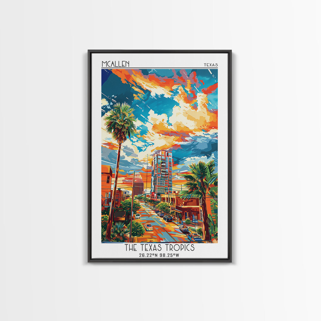 McAllen Travel Poster, Framed Canvas Print, Retro Wall Art, Travel Print, Home Decor, City Illustration, Art Print, Travel Art Print