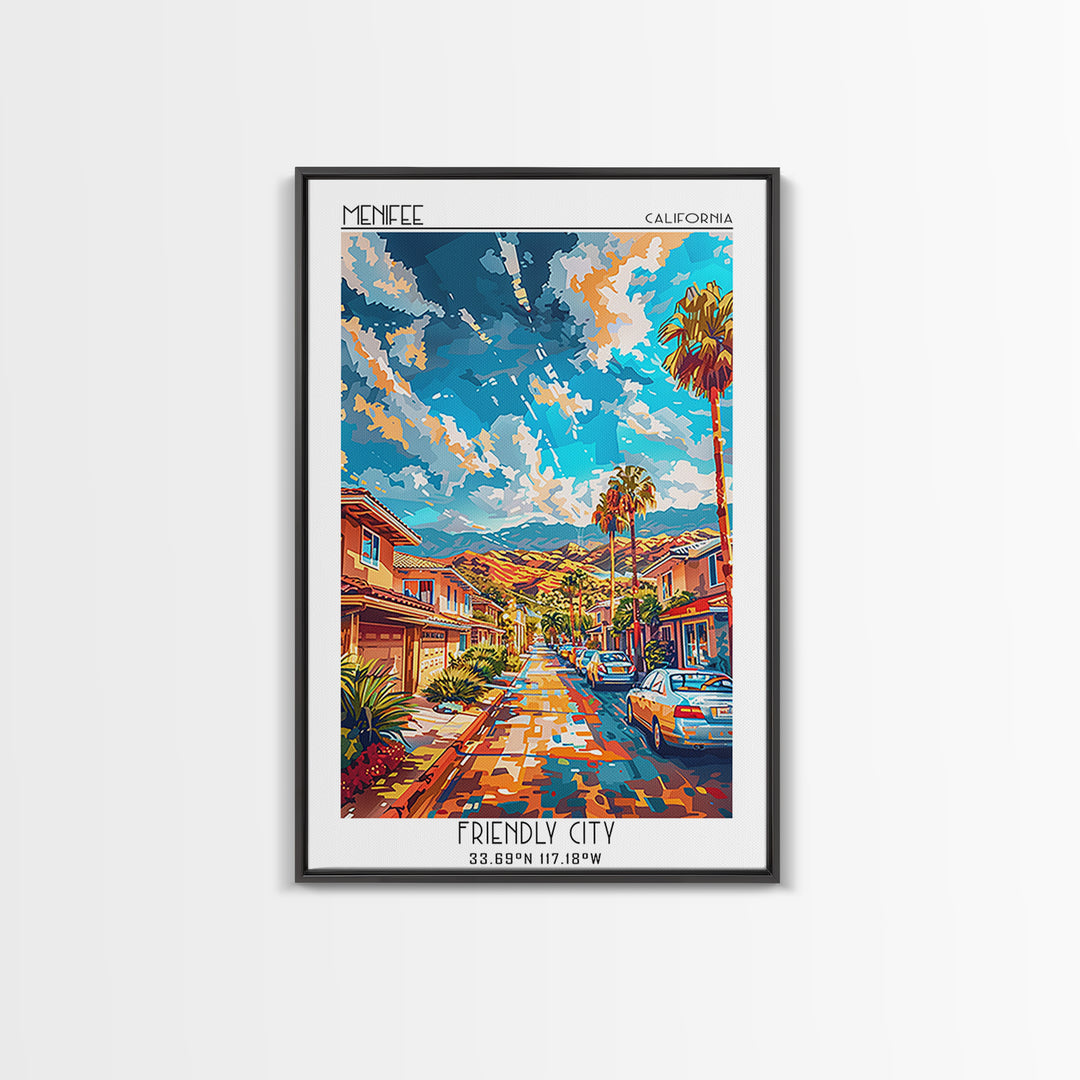 Menifee Travel Poster, Framed Canvas Print, Retro Travel Poster, City Wall Art, Living Room Wall Art, Retro Wall Art, Vintage Poster