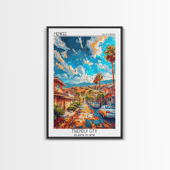 Menifee Travel Poster, Framed Canvas Print, Retro Travel Poster, City Wall Art, Living Room Wall Art, Retro Wall Art, Vintage Poster
