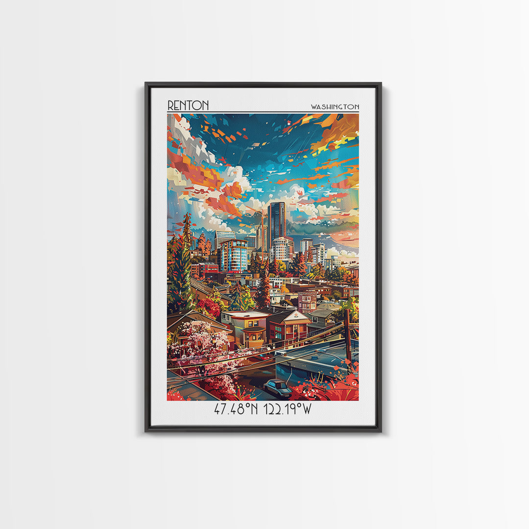 Renton Travel Poster, Canvas Print, Poster Print, Travel Wall Art, Wanderlust Gift, City Illustration, Vintage Poster, Travel Prints