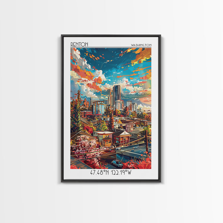 Renton Travel Poster, Canvas Print, Poster Print, Travel Wall Art, Wanderlust Gift, City Illustration, Vintage Poster, Travel Prints
