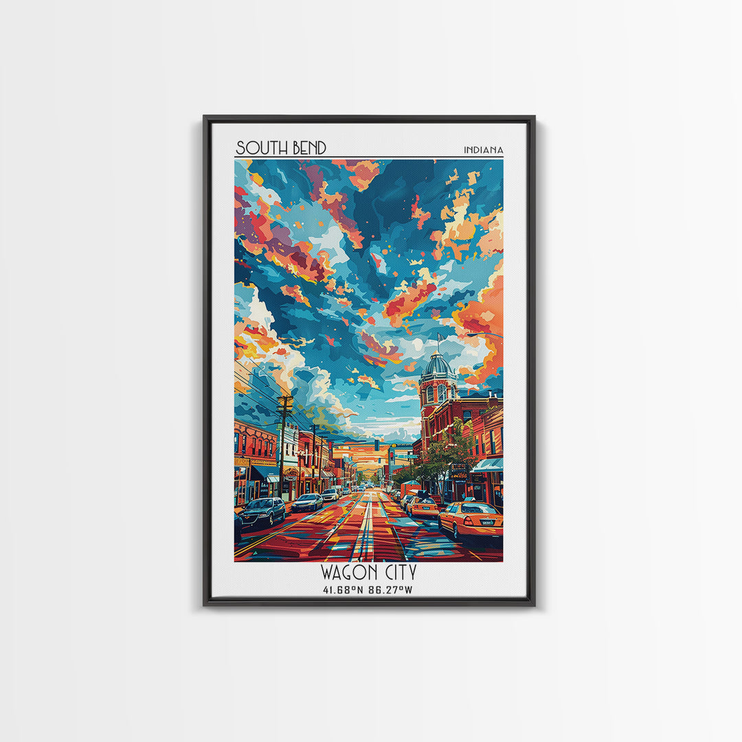 South Bend Travel Poster, Framed Canvas Print, Travel Wall Art, City Wall Art, City Art Print, City Travel Poster, Colorful Wall Art