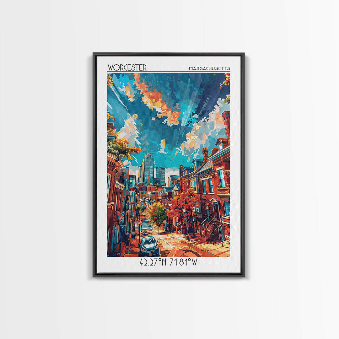 Worcester Travel Poster, Framed Canvas Print, Travel Wall Art, City Wall Art, Vintage Poster, City Illustration, Vintage City Poster