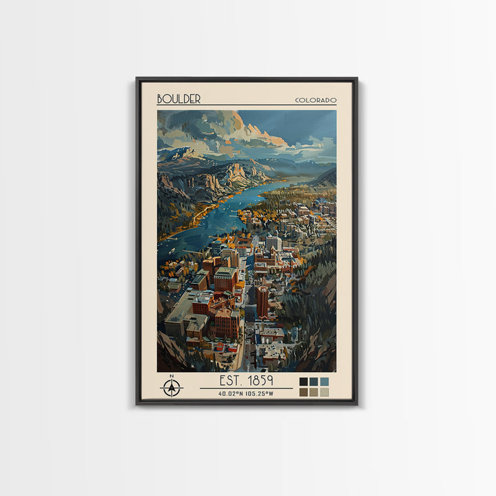 Boulder Travel Poster, Framed Canvas Print, City Travel Poster, Travel Wall Art, Colorful Wall Art, City Illustration, Landscape Art