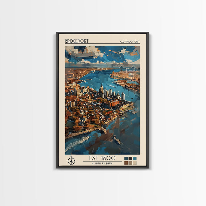 Bridgeport Travel Poster, Canvas Print, Retro Travel Poster, City Wall Art, Travel Wall Art, Colorful Wall Art, Watercolor Cityscape
