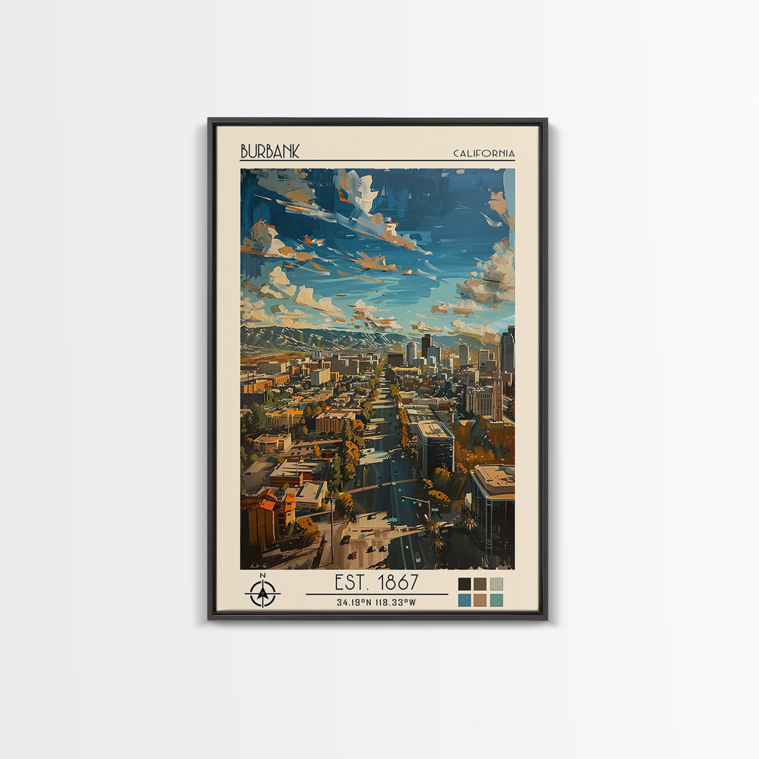 Burbank Travel Poster, Canvas Print, City Travel Poster, Travel Wall Decor, Living Room Wall Art, Travel Wall Art, Colorful Wall Art