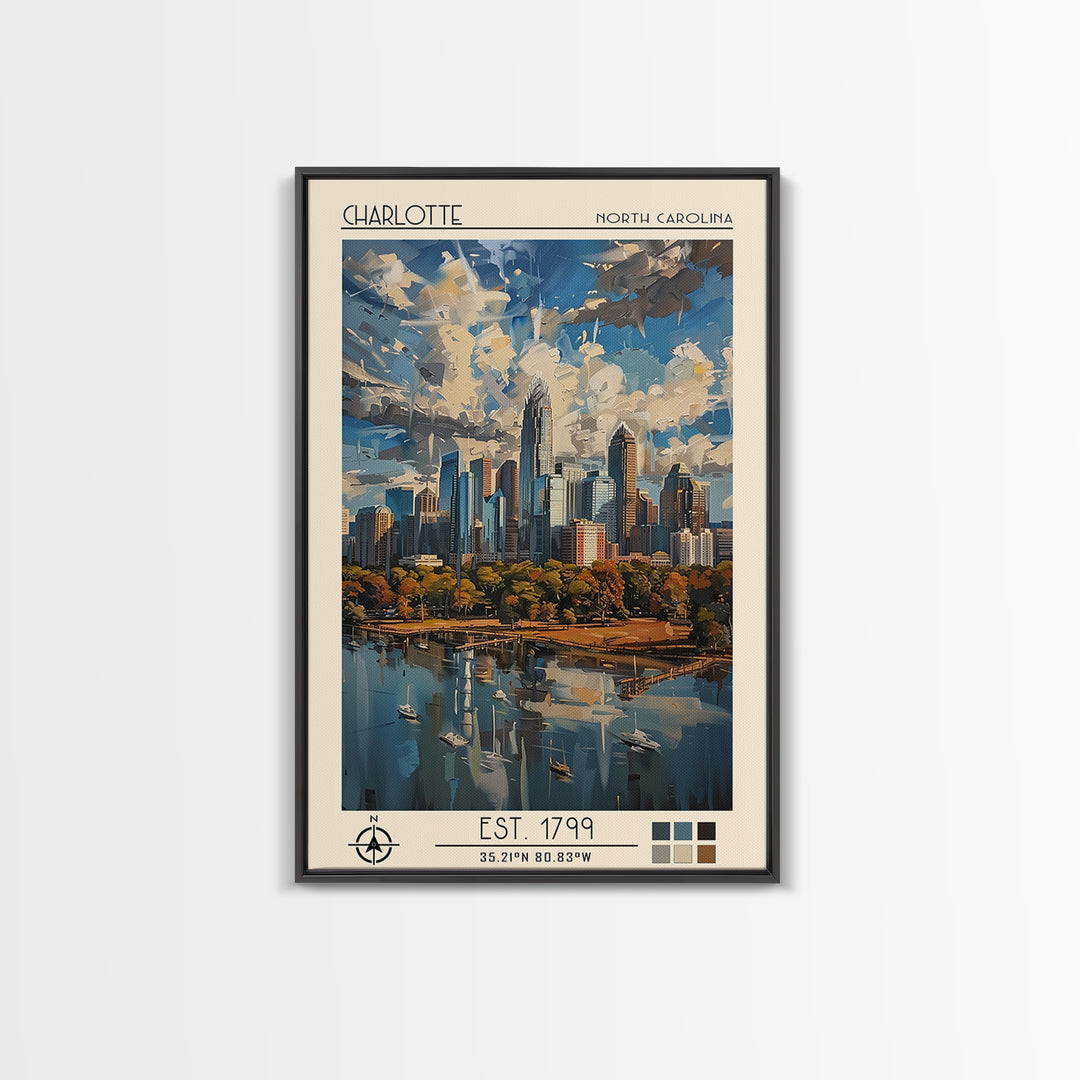 Charlotte Travel Poster, Framed Canvas Print, Travel Art Print, Modern Wall Decor, Wanderlust Gift, Watercolor Cityscape, Poster Art