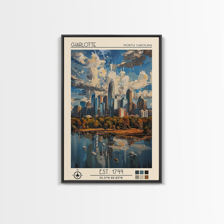 Charlotte Travel Poster, Framed Canvas Print, Travel Art Print, Modern Wall Decor, Wanderlust Gift, Watercolor Cityscape, Poster Art