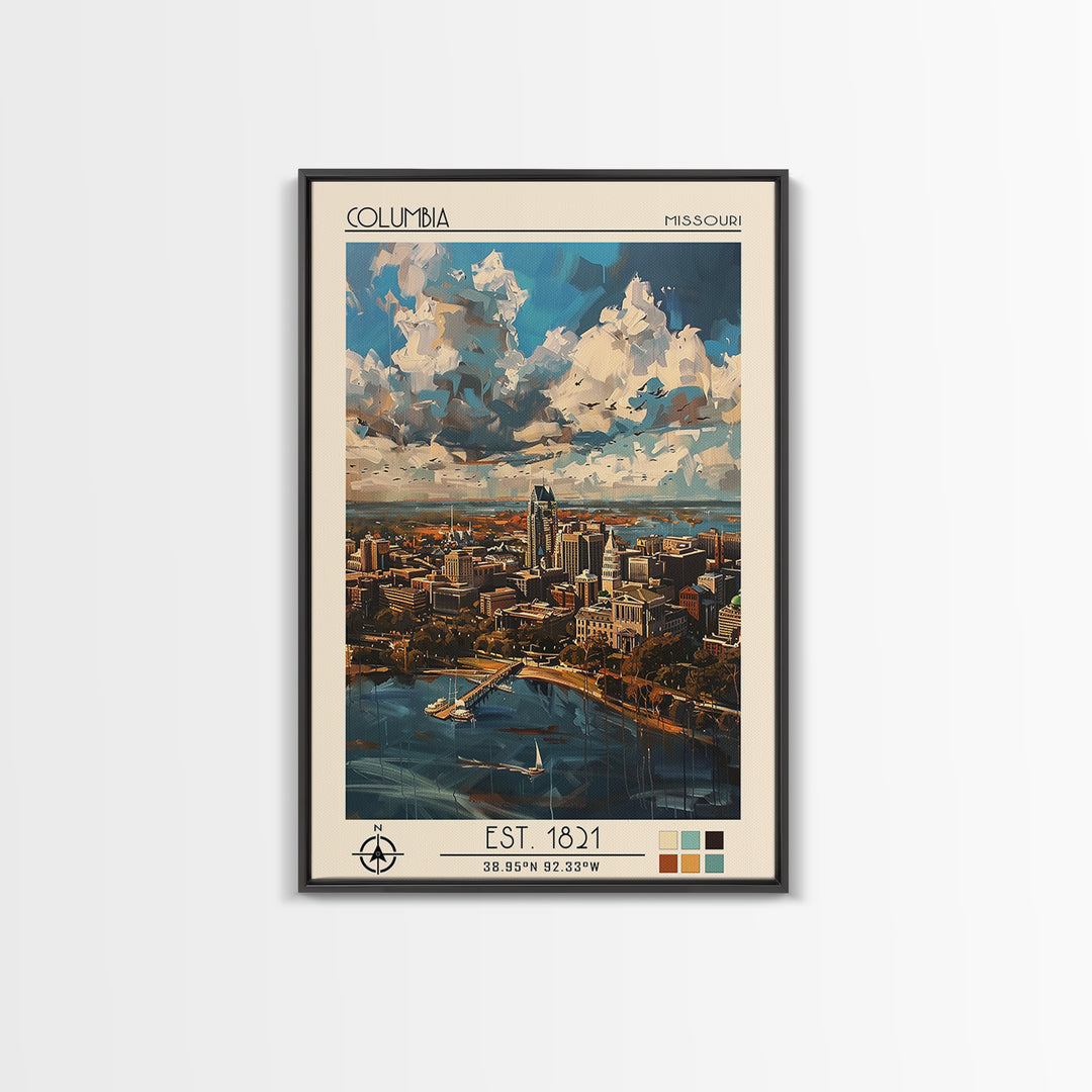 Columbia South Carolina Travel Poster, Framed Canvas Print, Travel Art Print, Modern Wall Decor, Living Room Wall Art, City Wall Art