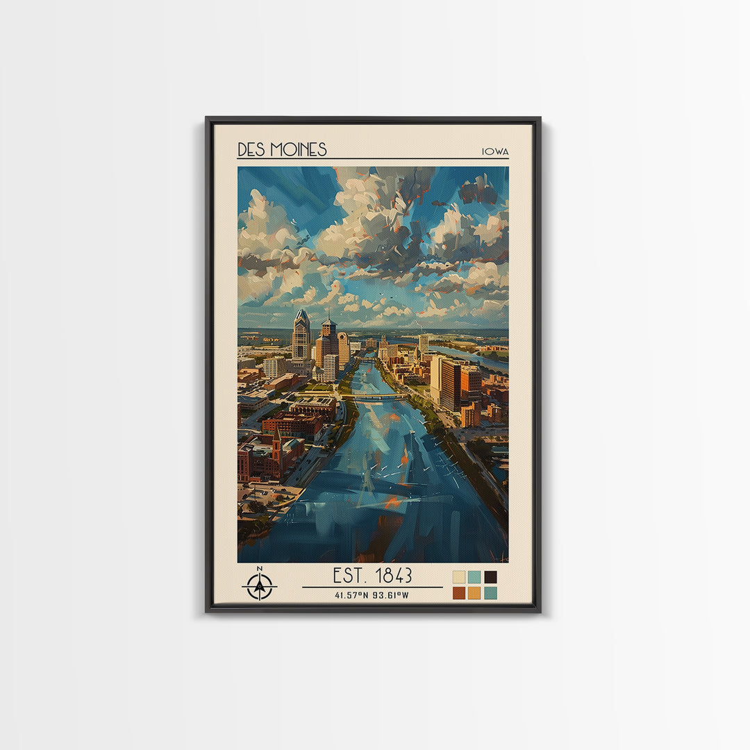 Des Moines Travel Poster, Framed Canvas Print, Retro Wall Art, Travel Print, Travel Art Print, Travel Wall Decor, City Travel Poster