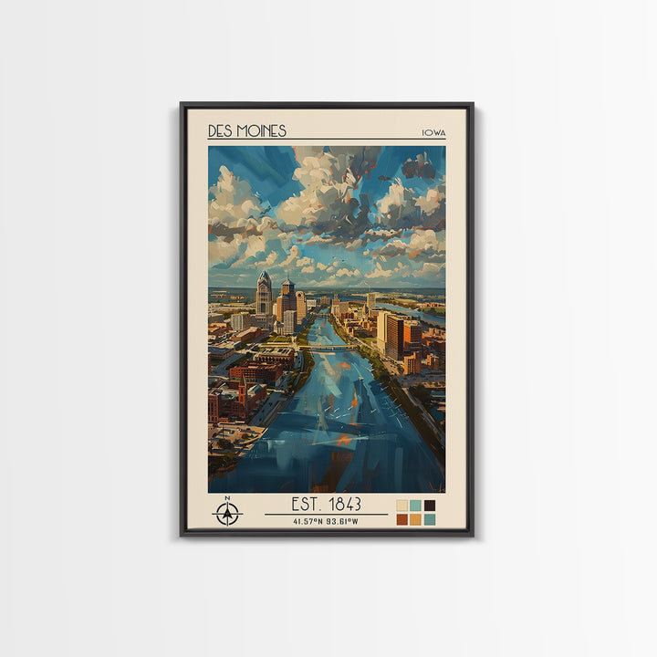Des Moines Travel Poster, Framed Canvas Print, Retro Wall Art, Travel Print, Travel Art Print, Travel Wall Decor, City Travel Poster