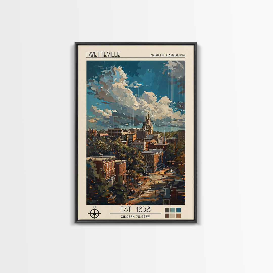 Fayetteville Travel Poster, Framed Canvas Print, Travel Wall Art, City Wall Art, Vintage Posters, Retro Wall Art, Vintage Travel Art