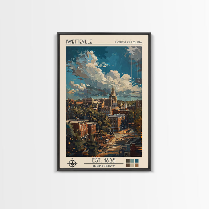 Fayetteville Travel Poster, Framed Canvas Print, Travel Wall Art, City Wall Art, Vintage Posters, Retro Wall Art, Vintage Travel Art